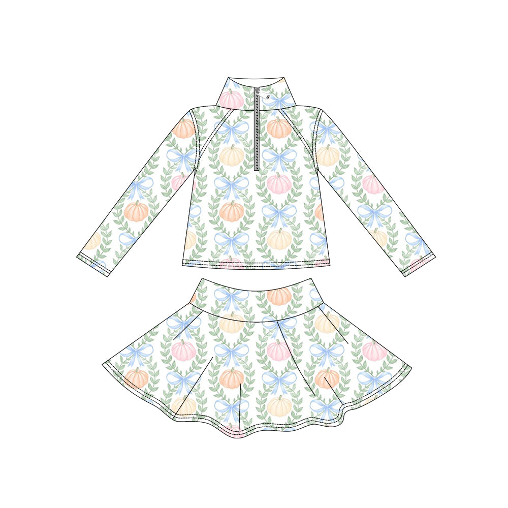 ( Moq 5 ) Preorder Baby Girls Kids Pumpkins Bows Zipper Shirt Skirt Shorts Yoga Active Set Fall Clothes