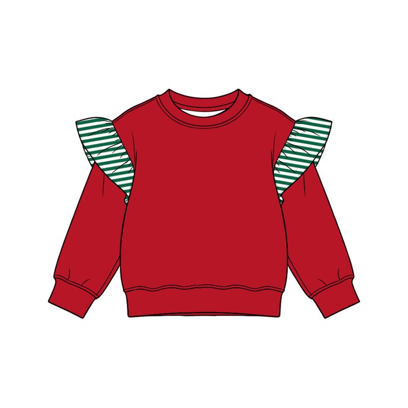 ( Moq 5 ) Preorder Baby Girls Toddler Stripes Ruffle Long Sleeves Red Shirt Tops Clothes