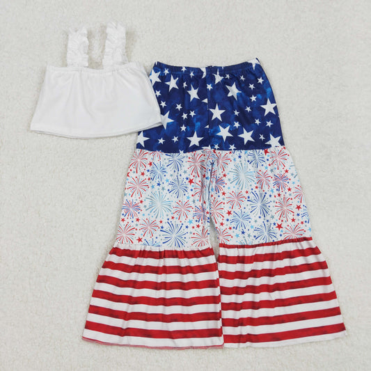 Baby Girl Straps July 4th Shirt Stars Stripes Bell Pants Clothes Set RTS