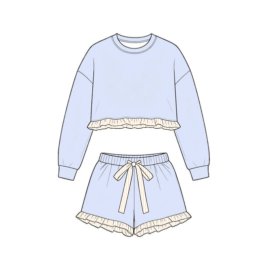 ( Moq 5 ) Preorder Baby Girls Kids Long Sleeves Blue Shirt Stripes Shorts Set Cotton Clothes