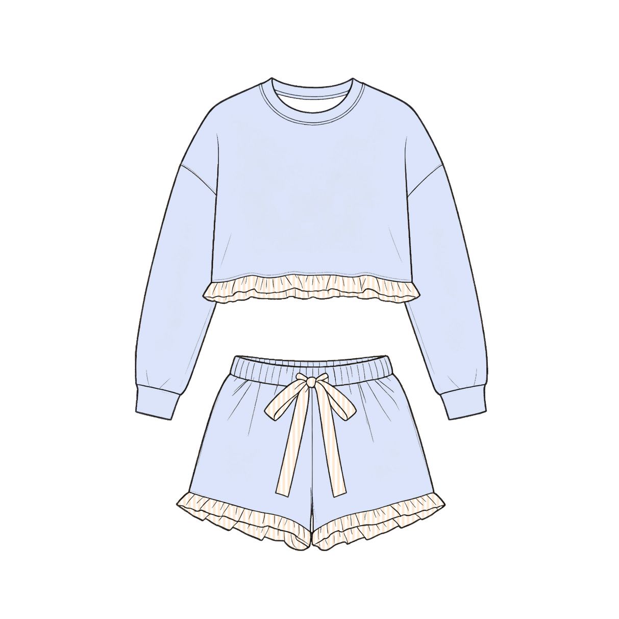 ( Moq 5 ) Preorder Baby Girls Kids Long Sleeves Blue Shirt Stripes Shorts Set Cotton Clothes