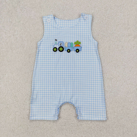 Baby Boy Infant Embroidery Easter Carrots Trucks Blue Plaid Romper RTS