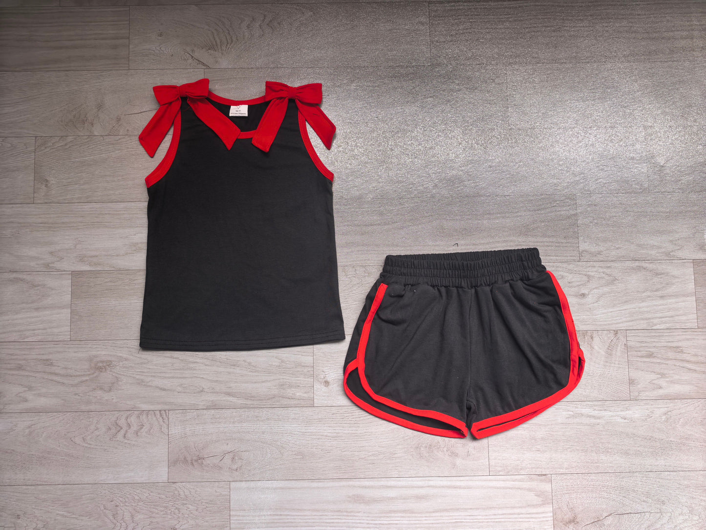( No moq ) Preorder Baby Girls Kids Red Bows Shirt Shorts Black Set Summer Clothes