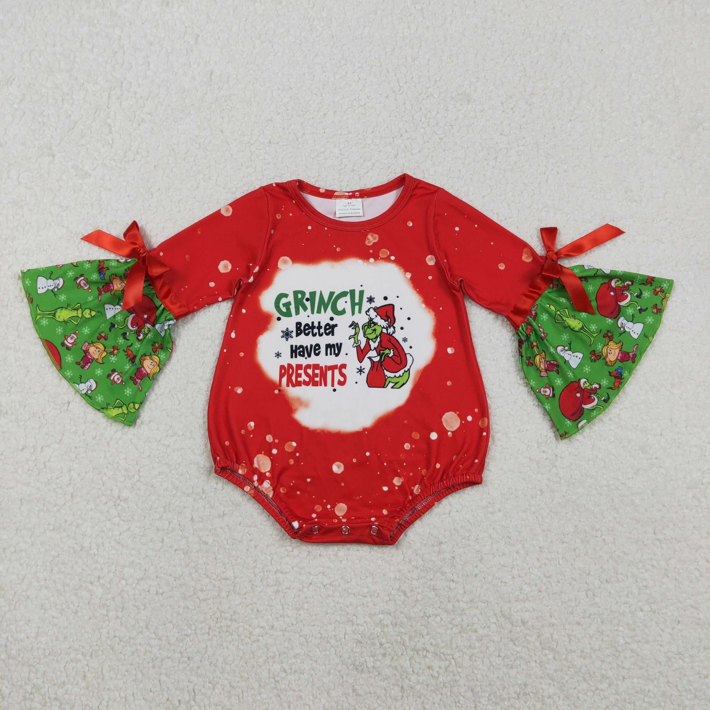 Baby Girl Infant Long Sleeves Christmas Green Frog Bubble Romper RTS