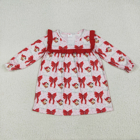 Baby Girl Long Sleeves Santa Red Bows Knee Length Christmas Ruffle Dress RTS