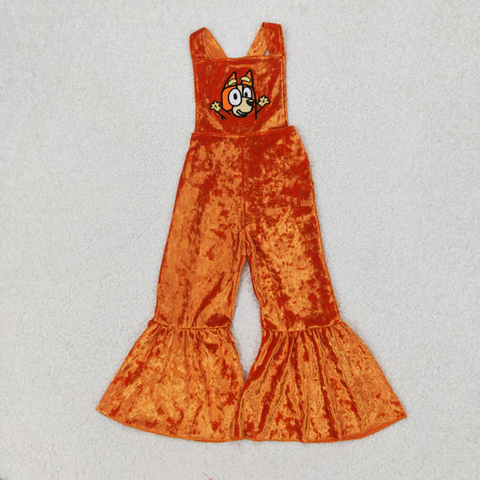 Baby Girl Straps Orange Embroidery Dog Velvet Jumpsuit RTS