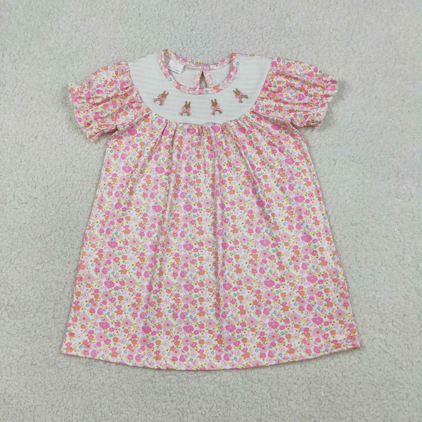 Baby Girls Embroidery Smocked Rabbits Bows Floral Easter Pink Knee Length Dress RTS