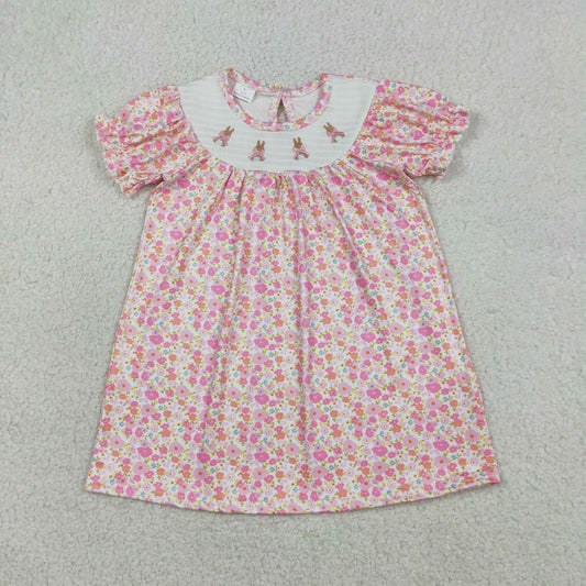 Baby Girls Embroidery Smocked Rabbits Bows Floral Easter Pink Knee Length Dress RTS