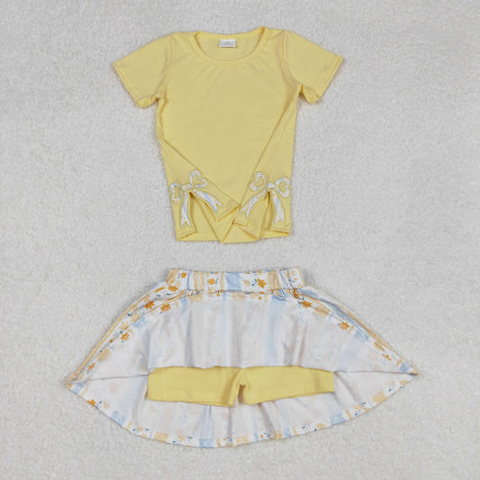 Baby Girl Short Sleeves Embroidery Bows Yellow Shirt Flower Skirt Shorts Skorts Clothes Set