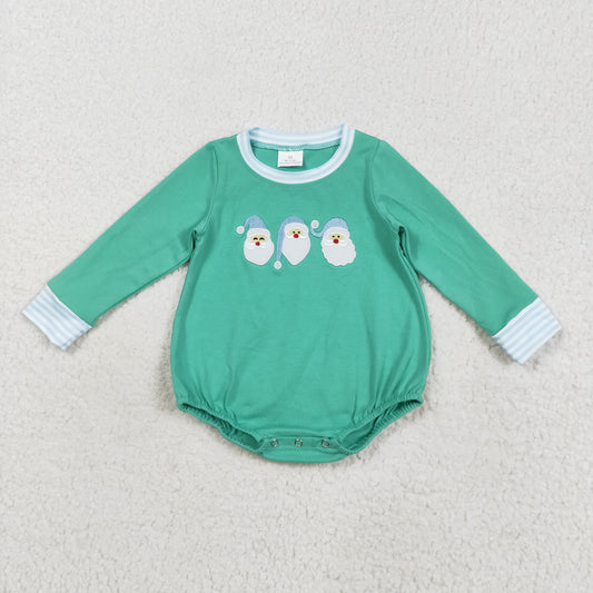 Baby Boy Green Long Sleeves Embroidery Santa Christmas Bubble Romper RTS