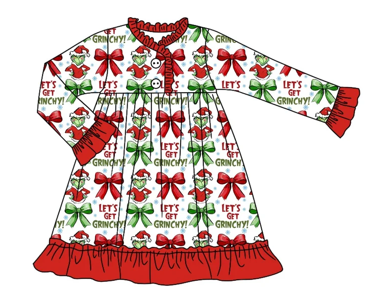 ( Moq 5 Each Style ) Baby Girl Toddler Green Face Bows Christmas Sibling Romper Dress Set