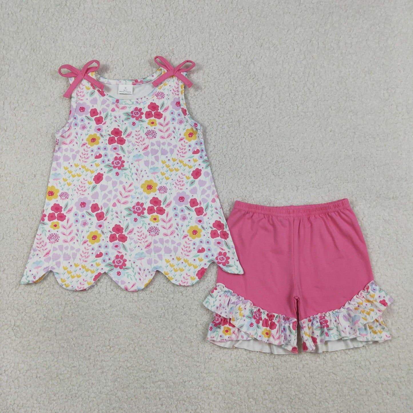 Baby Girls Kids Pink Bows Flower Scallop Tops Ruffle Shorts Summer Set RTS