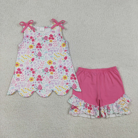 Baby Girls Kids Pink Bows Flower Scallop Tops Ruffle Shorts Summer Set RTS