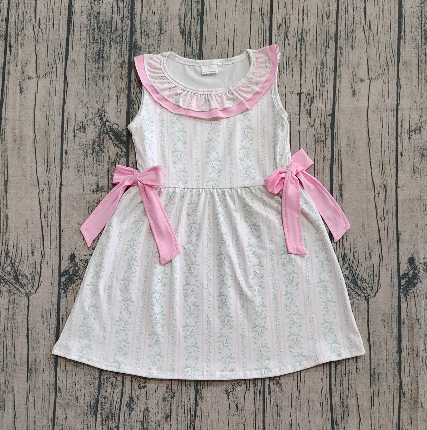 Baby Girl Sleeveless Pink Bows Floral Knee Length Dress RTS