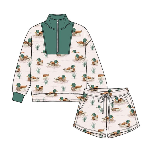 ( Moq 5 ) Preorder Baby Boys Toddler Long Sleeves Zipper Pullover Pockets Shorts Ducks Set Clothes