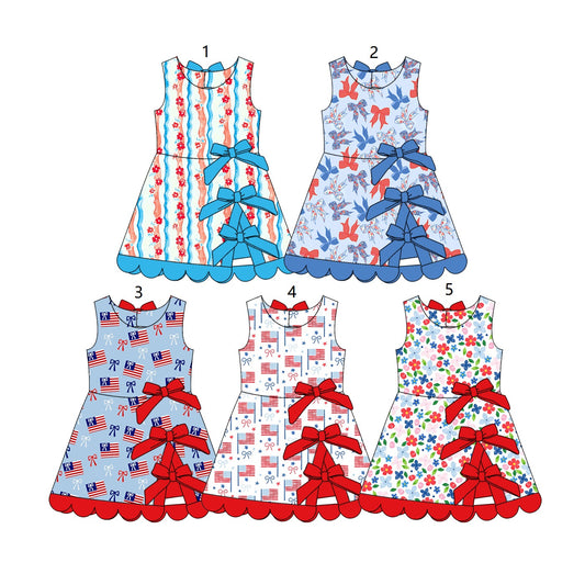 ( Moq 30 Each Style ) Sibling Baby Girls Kids Sleeveless Flower Flags Bows 4th of July Dresses
