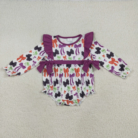 Baby Girl Long Sleeves Bows Purple Ruffle Halloween Bubble Romper RTS