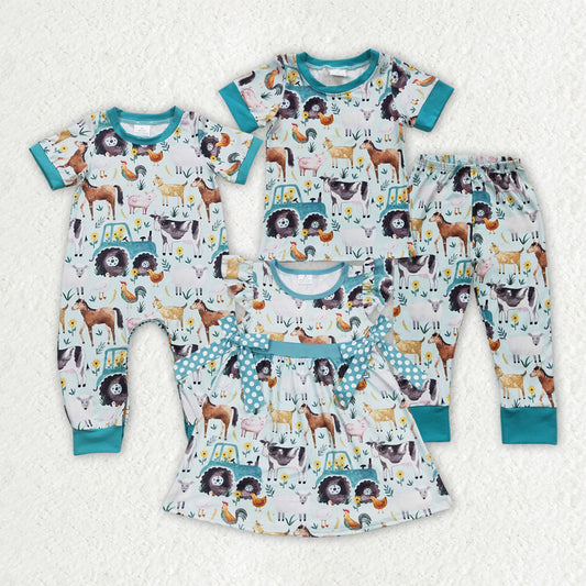 Baby Boy Girl Short Sleeve Farm Animals Tractors Sibling Pajamas Romper Dress RTS