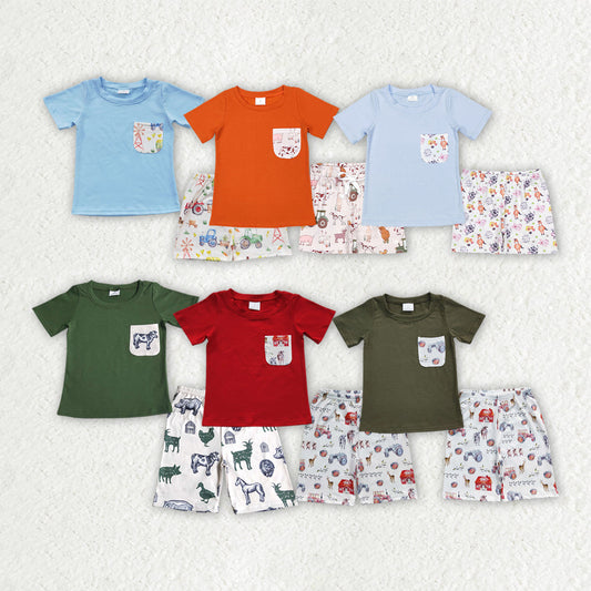 Baby Boy Short Sleeves Farm Animals Pocket Shirt Shorts Sibling Clothes Set RTS