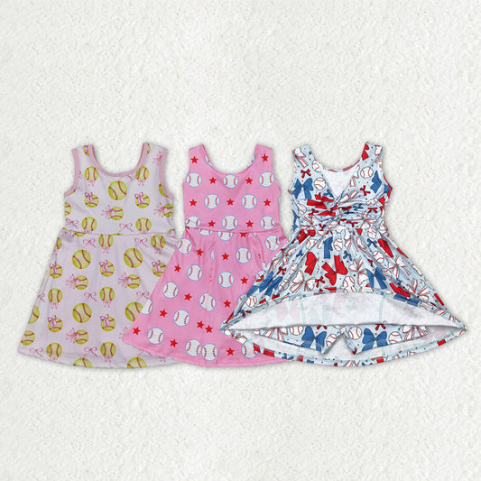 Sibling Baby Girls Kids Softballs Baseballs Yoga Active Shorts Knee Length Dresses RTS