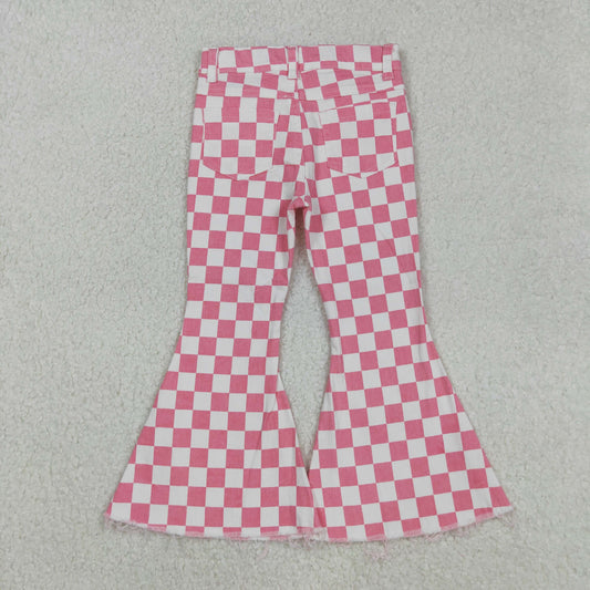 Girls Kids Pink Checkered Denim Jeans Bell Pants RTS