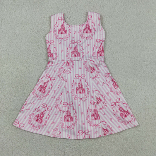 Baby Girls Kids Sleeveless Castles Bows Floral Shorts Knee Length Pink Dress RTS