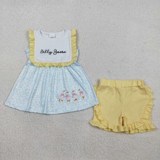 Baby Girls Embroidery Goose Bows Floral Tunic Yellow Ruffle Shorts Clothes Set RTS