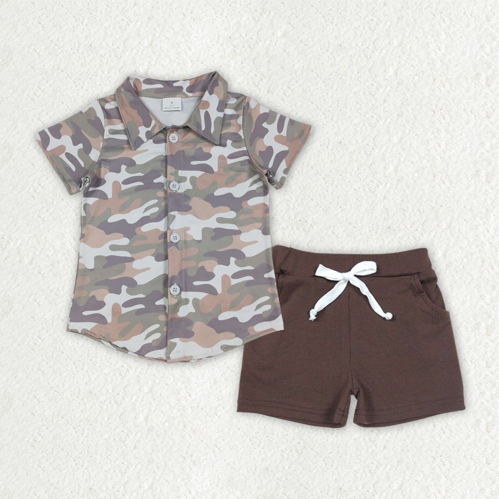 Baby Boys Kids Camo Short Sleeves Buttons Shirt Brown Pockets Shorts Clothes Set RTS