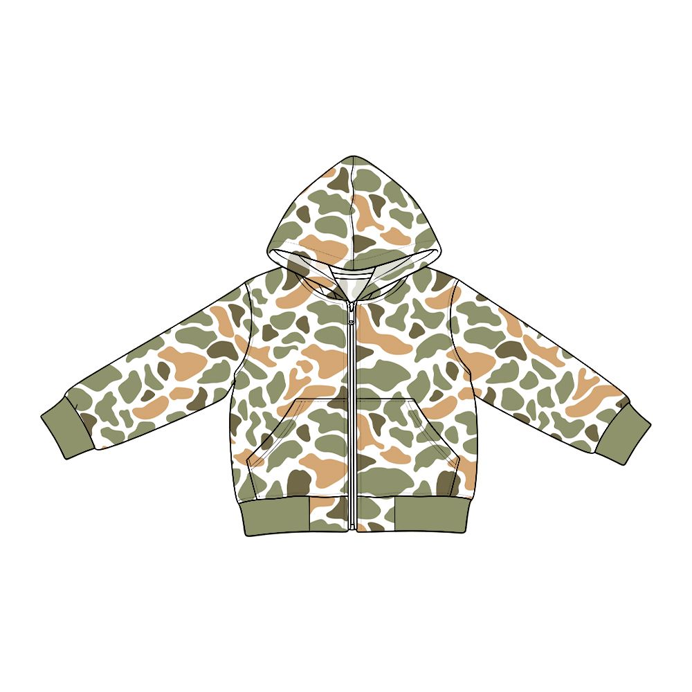 ( Moq 5 ) Preorder Baby Boys Toddler Orange Green Camo Print Hoodie Pockets Jacket Denim Clothes