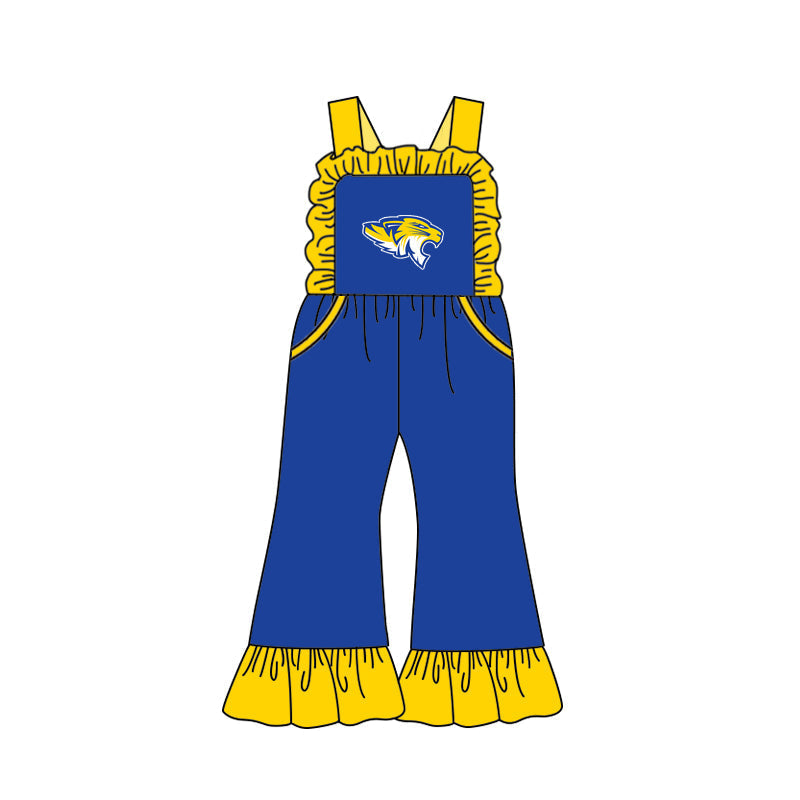 Baby Girl Straps Tiger Team Pockets Ruffle Pants Blue Jumpsuit ( Moq 5 )