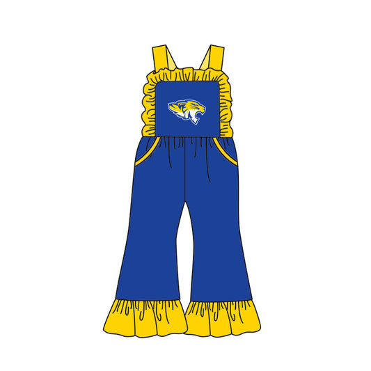 Baby Girl Straps Tiger Team Pockets Ruffle Pants Blue Jumpsuit ( Moq 5 )