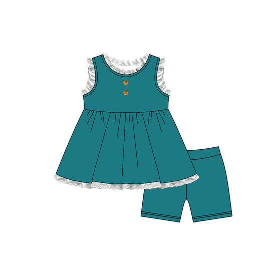 ( Moq 5 ) Preorder Baby Girl Kids Green Tunic Ruffle Shorts Set Cotton Clothes