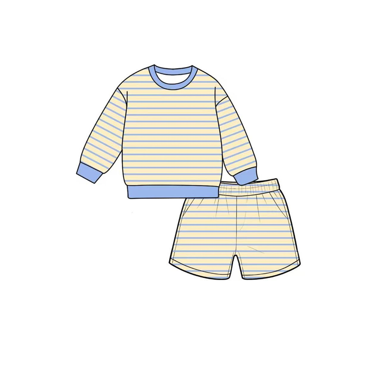 ( Moq 5 ) Preorder Baby Girls Kids Long Sleeves Yellow Blue Stripes Shirt Shorts Set Yoga Active Clothes