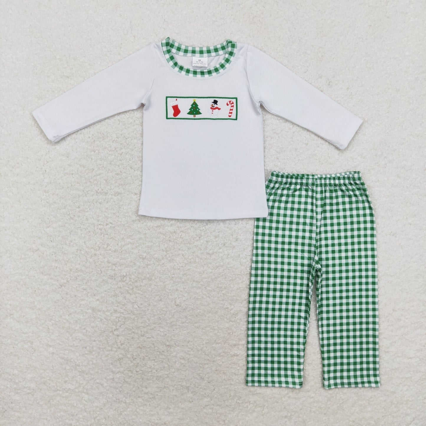 Baby Boy Girl Long Sleeves Christmas Santa Tree Dots Embroidery Tops Green Plaid Pants Set Sibling Clothes RTS