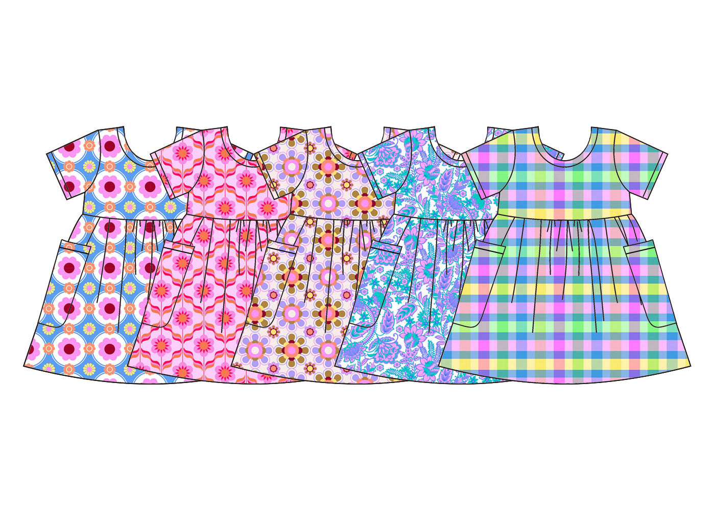 ( Moq 5 Each Style ) Sibling Baby Girls Kids Short Sleeves Flower Plaid Pockets Knee Length Dresses