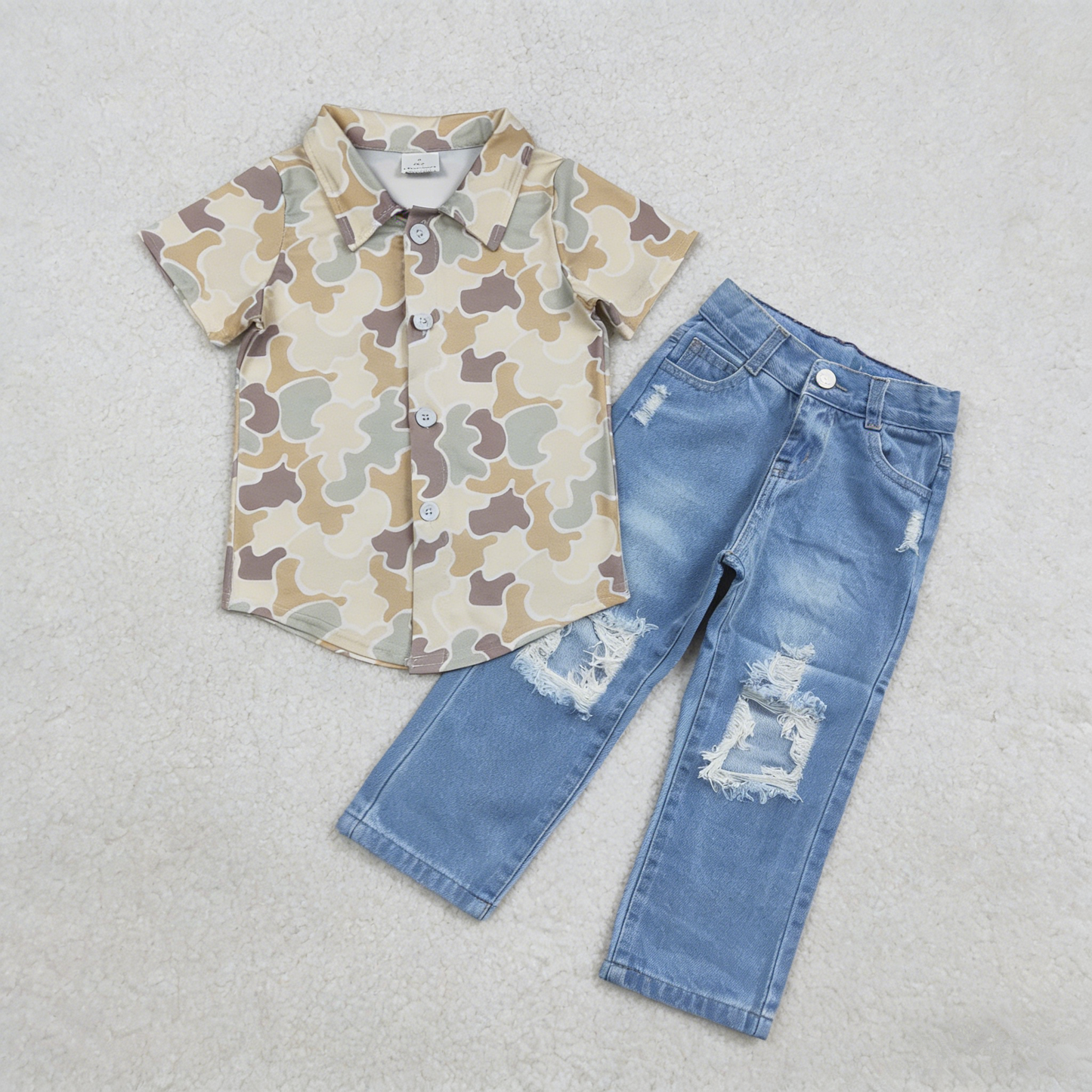 Baby Boys Toddler Short Sleeves Camo Buttons Shirt Denim Jeans Pants Set RTS