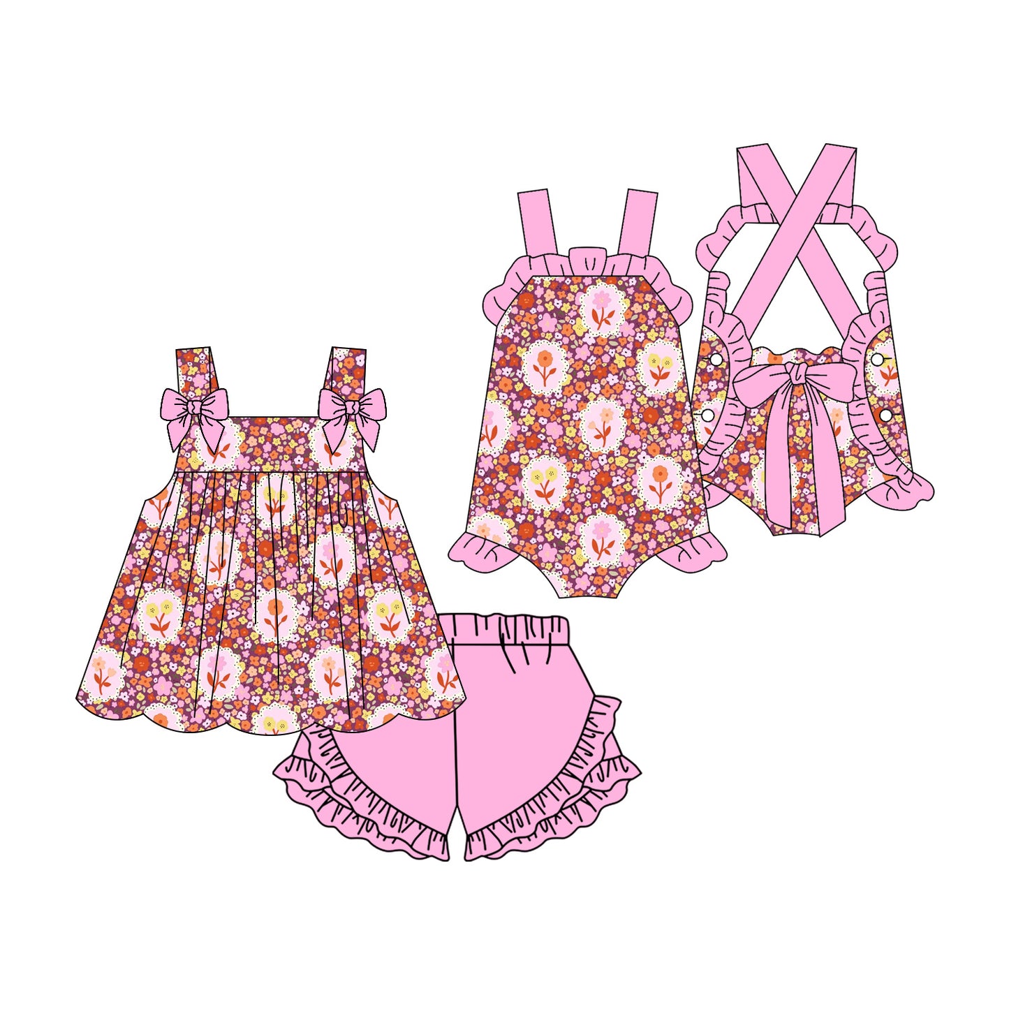 ( Moq 5 Each Style ) Sibling Baby Girls Kids Flower Tops Shorts Summer Set Romper