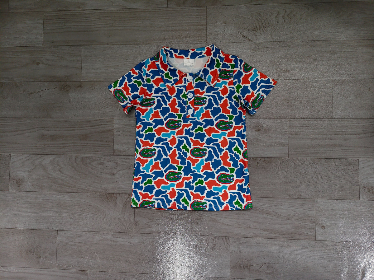 ( No moq ) Preorder Baby Boys Kids Short Sleeves Blure Orange Camo Print Team Buttons Shirt Tops