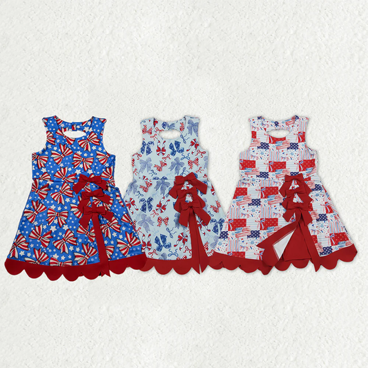 Sibling Baby Girls Kids Bows Flags 4th of July Yoga Active Shorts Knee Length Dresses RTS