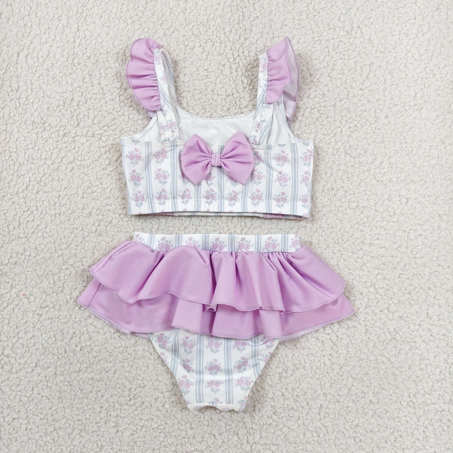 Baby Girls Kids Flower Purple Ruffle Tops Shorts Set Swimsuit Swimwear RTS