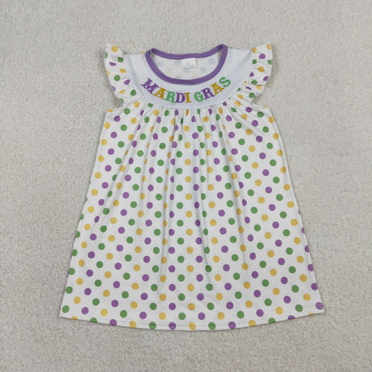 Baby Girls Short Sleeves Dots Embroidery Mardi Gras Knee Length Dress RTS