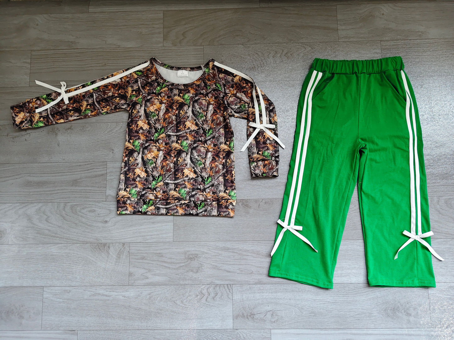 ( No moq ) Preorder Baby Girls Kids Bows Long Sleeves Camo Shirt Green Pockets Pants Set Clothes