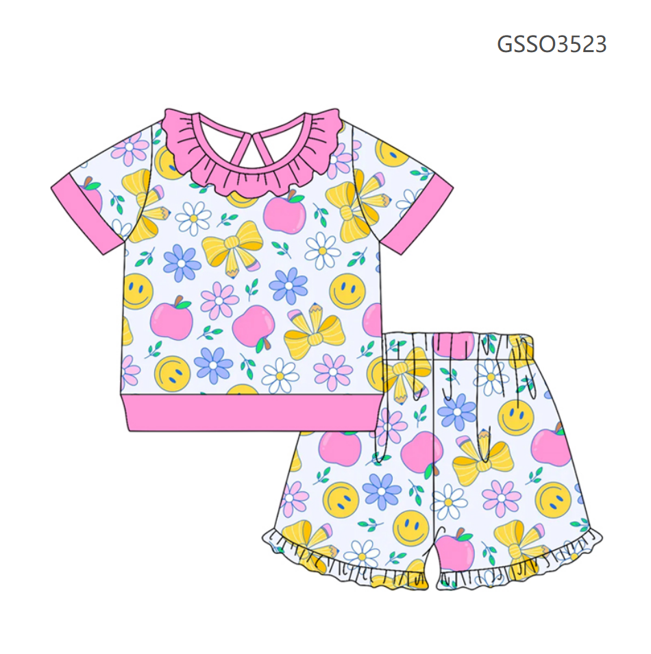 ( Moq 5 ) Preorder Baby Girls Kids Short Sleeves Bows Pencil Flower Shirt Shorts Set Back to School Clothes