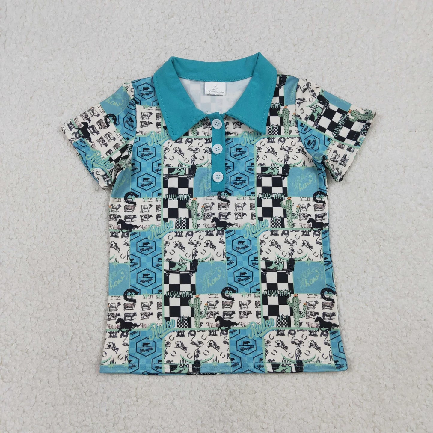 Sibling Baby Boys Short Sleeves Western Cow Cactus Buttons Blue Romper Shirt RTS
