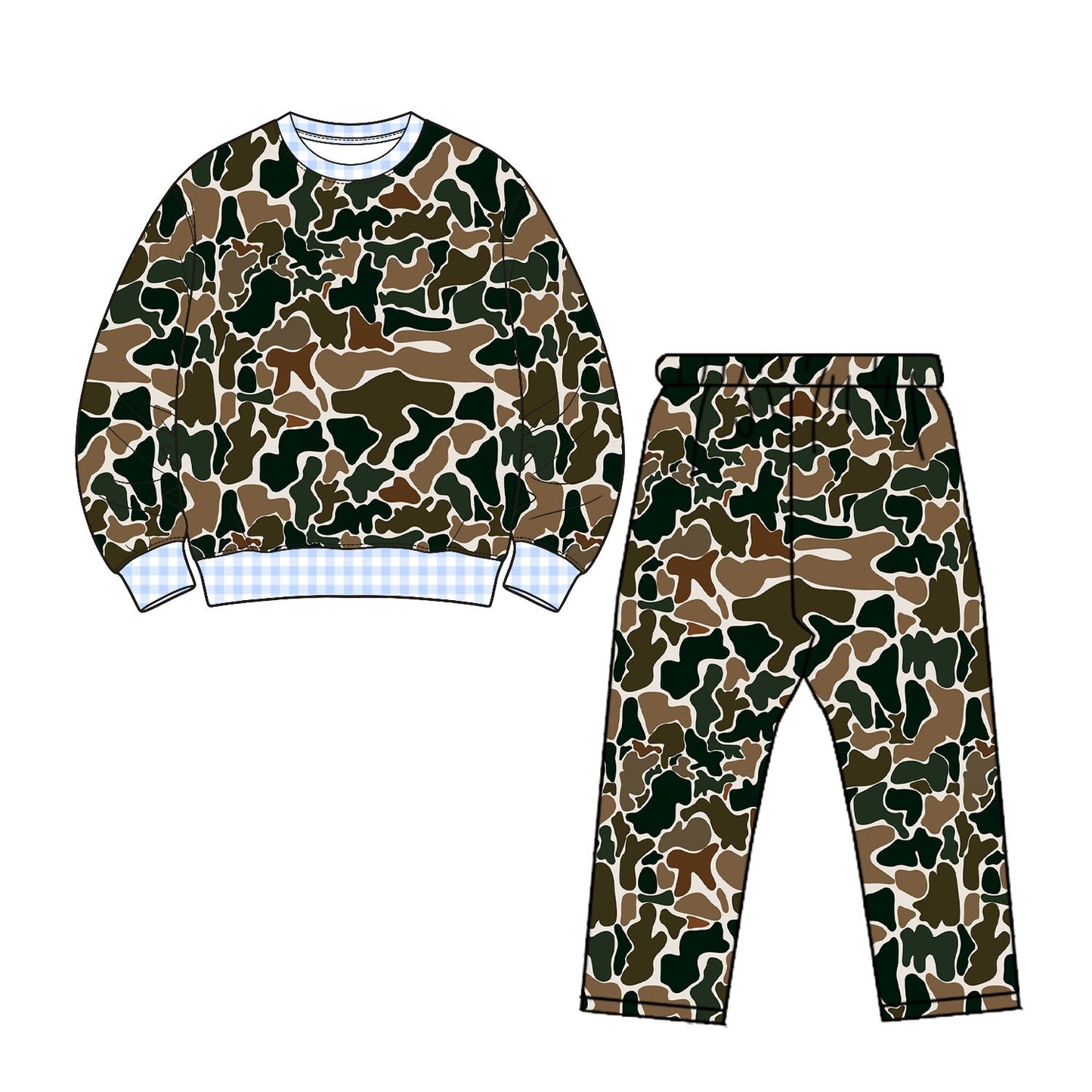 ( Moq 5 ) Preorder Baby Boys Kids Long Sleeves Plaid Pullover Brown Camo Pants Set Clothes