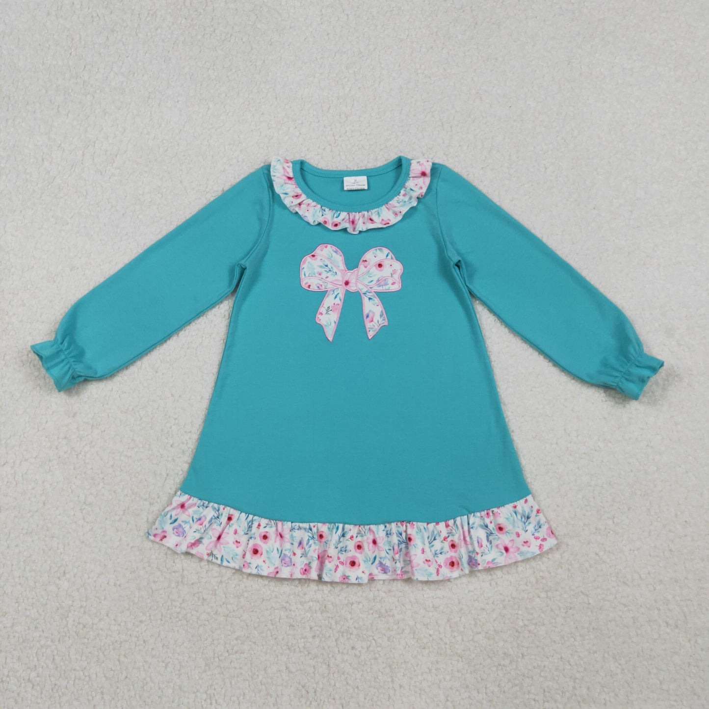 Baby Girl Long Sleeves Embroidery Floral Bow Ruffle Knee Length Dress RTS