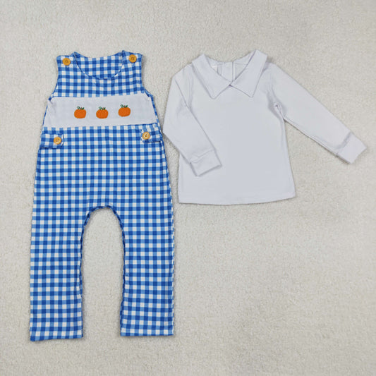 Baby Boy Infant White Shirt Embroidery Pumpkins Blue Plaid Romper Clothes Thanksgiving Fall Set RTS