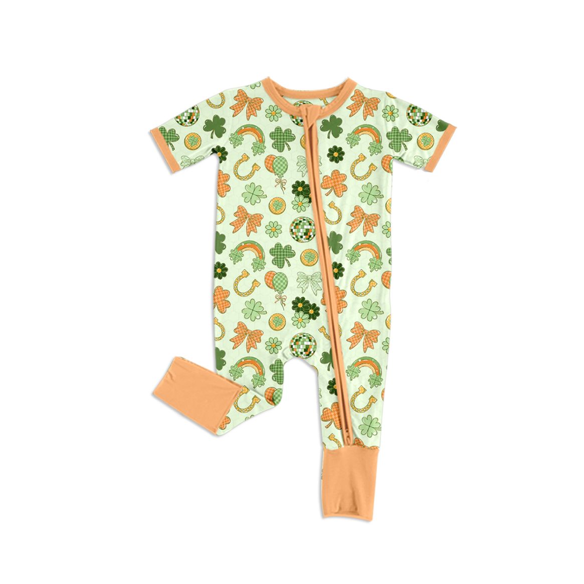 ( Moq 5 ) Preorder Baby Girls Kids Clovers Bows Zipper Footie Romper St Patrick Clothes
