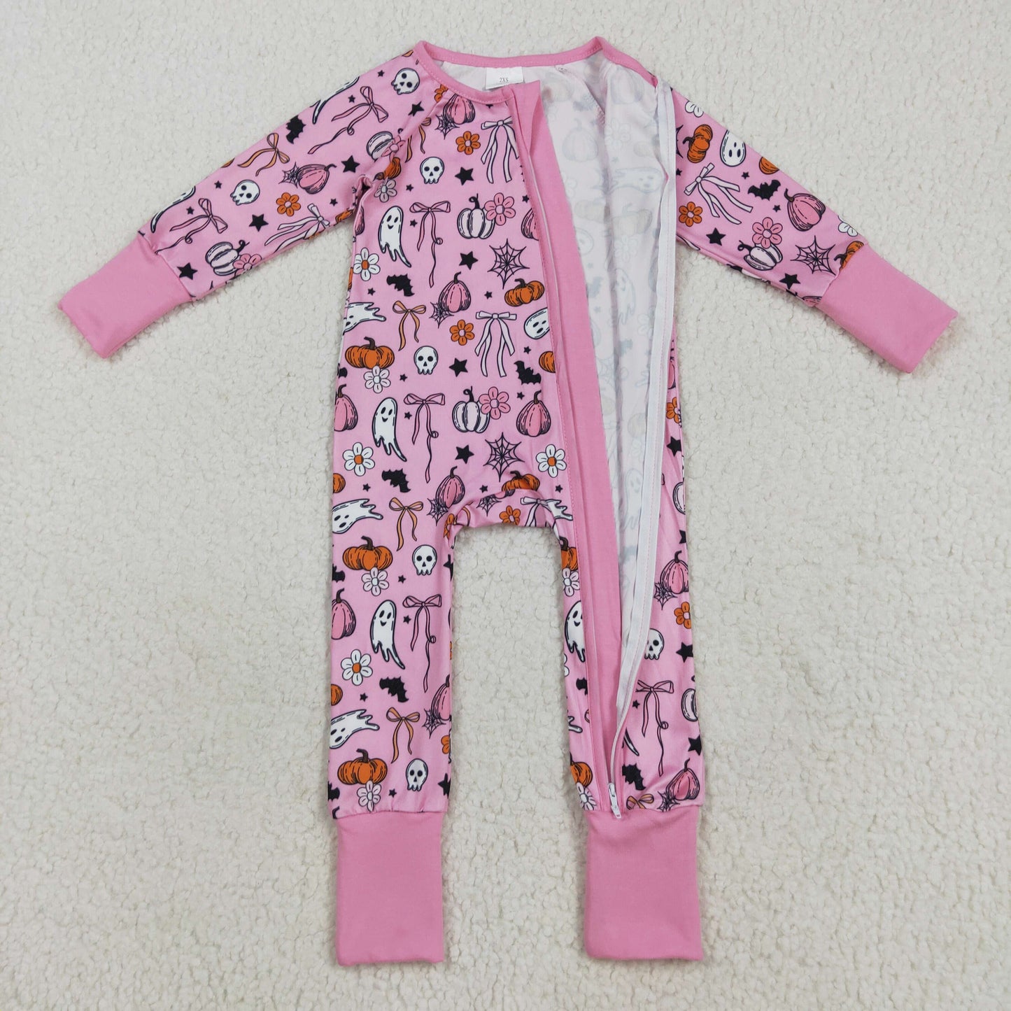 Baby Girl Long Sleeves Ghost Pumpkins Bows Flower Zipper Halloween Pink Romper RTS