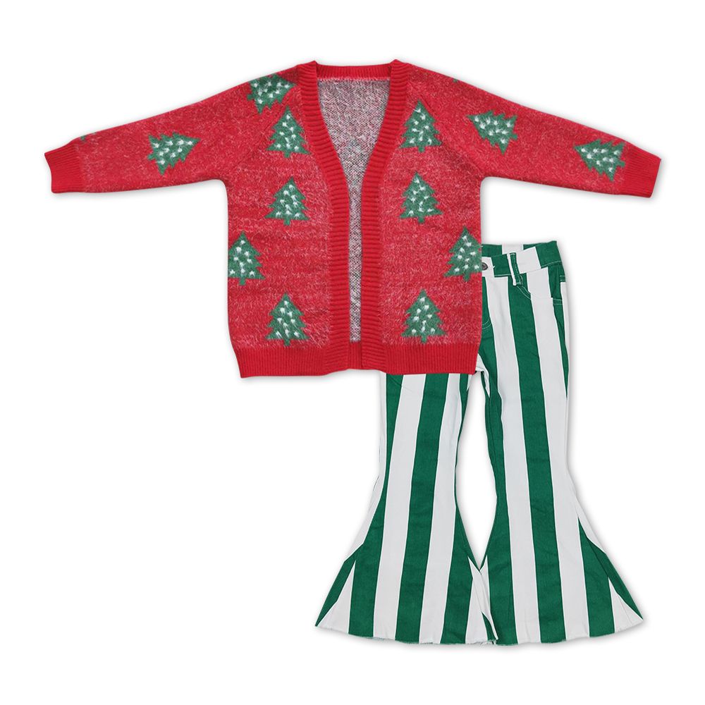 GLP1071 Baby Girl Christmas Tree Sweater Green Stripes Denim Pants Set